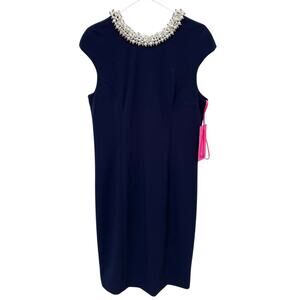 Betsey Johnson Pearl Rhinestone Neck Cap Sleeve Navy Blue Sheath Dress NWT 10
